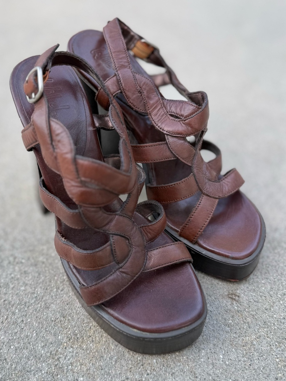 Vintage 90s Chunky Wild Pair platform Sandals 1990s strappy Heels leather Sz 7.5